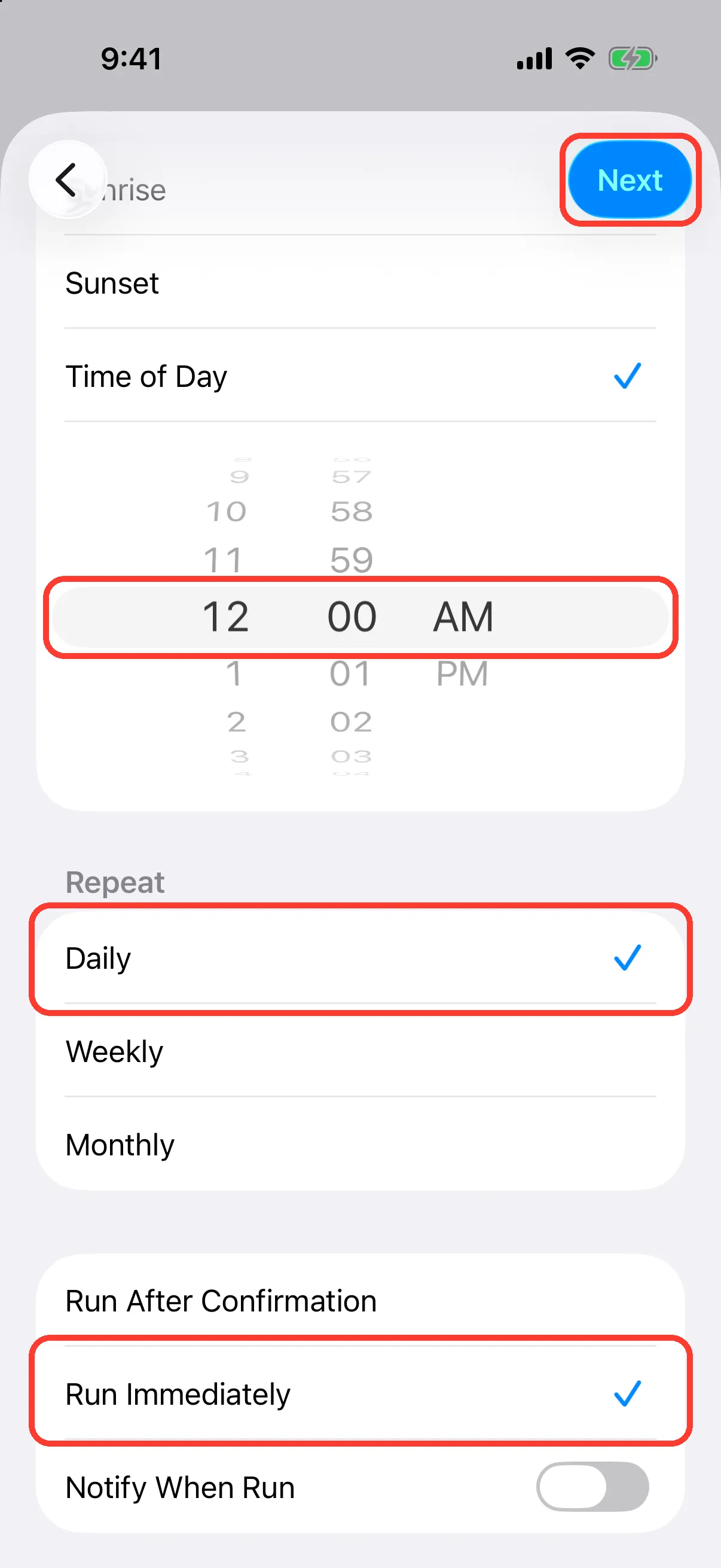 Set it for midnight every day
